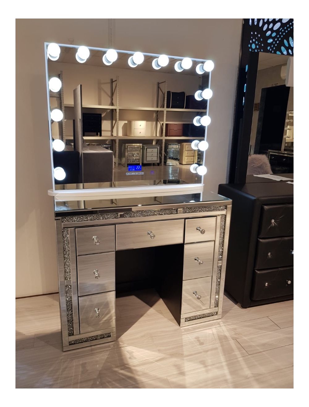 Full Function Bluetooth Makeup Mirror, Mirrored Glass Dressing Table
